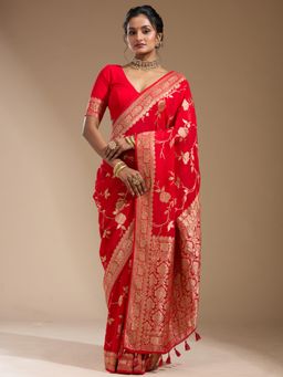 Koskii - Red Woven Zari Saree with Unstitched Blouse