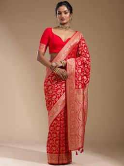 Koskii - Red Woven Zari Saree with Unstitched Blouse