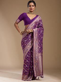Koskii - Purple Woven Zari Saree with Unstitched Blouse