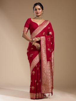 Koskii - Maroon Woven Zari Saree with Unstitched Blouse