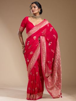 Koskii - Pink Woven Zari Saree with Unstitched Blouse