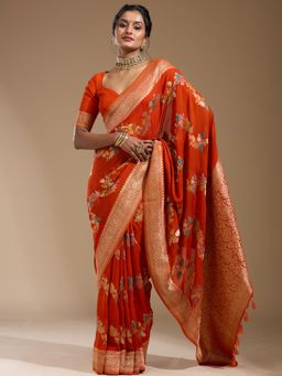 Koskii - Orange Woven Zari Saree with Unstitched Blouse