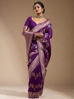 Koskii - Purple Woven Zari Saree with Unstitched Blouse