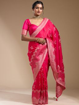 Koskii - Pink Woven Zari Saree with Unstitched Blouse