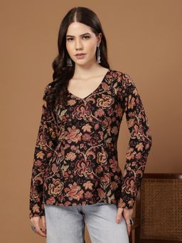 Stylum - Black Floral V-Neck Regular Top