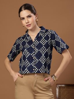 Stylum - Indigo Printed Collar Neck Crop Tops