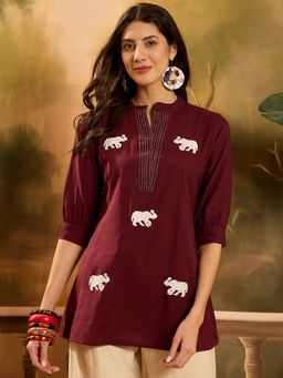 Stylum - Maroon Animal Print Mandarin Neck Regular Top