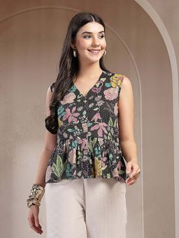 Stylum - Black Floral V-Neck Regular Top
