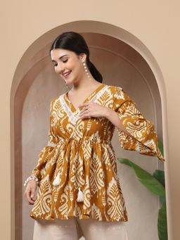 Stylum - Mustard Printed V-Neck Regular Top