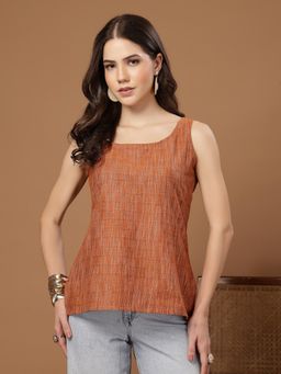 Stylum - Orange Self Design Scoop Neck Regular Top