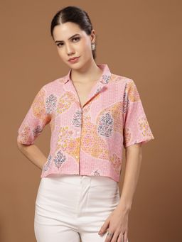 Stylum - Pink Printed Collar Neck Crop Top