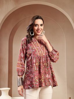 Stylum - Pink Floral Mandarin Neck Regular Top