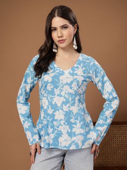 Stylum - Turquoise Floral V-Neck Regular Top