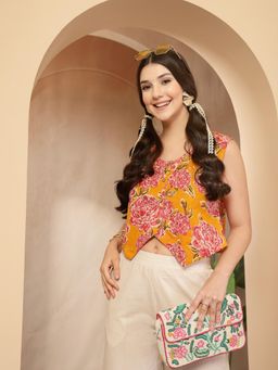 Stylum - Yellow Floral Round Neck Crop Top