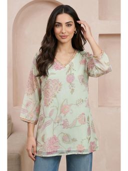 W - Green Floral V-Neck Regular Top
