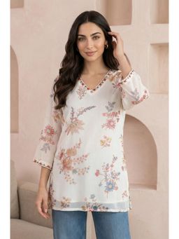 W - Off White Floral V-Neck Regular Top