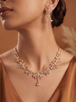 Niscka - Gold Plated Floral Design Pink Cz Jewellery Set