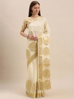 Mimosa - Off White Color Linen Blend Kasavu Saree With Unstitched Blouse