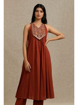Tjori - Rust Rayon V-Neck Front Gather Kurta with Yoke Embroidery