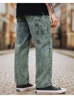 Bewakoof - Men's Bluish Green Washed Straight Fit Mid-Rise Jeans