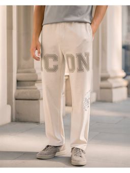 Bewakoof - Men's Ecru Melange Icon Graphic Printed Oversized Track Pants