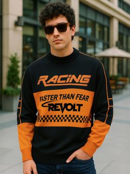 Bewakoof - Men's Black & Orange Typography Oversized Sweater