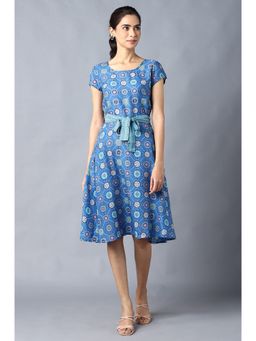 Aurelia - Blue Circular Floral Printed Round Neck Dress