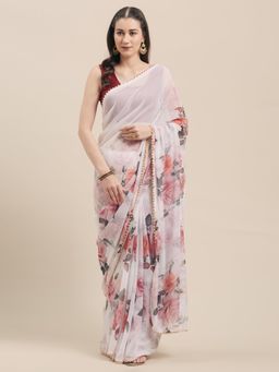 Tikhi Imli - Off White Floral Printed Poly Georgette Saree with Moti Lace with Unstitched Blouse