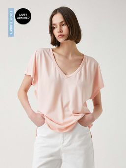 Koton - V-neck Pink T-shirt