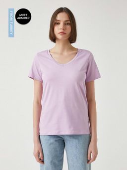 Koton - V-Neck Lilac T-shirt (L)