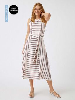 Koton - Mini Burgundy Stripes Dress With Belt