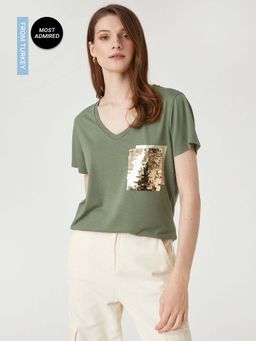 Koton - Women Khaki Embellished Sequined Comfortable T-shirt