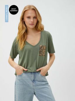Koton - Women Khaki Embellished Sequined Comfortable T-shirt