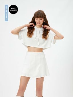 Koton - Crop Hooded Sweatshirt Knitted Motif Short Sleeve