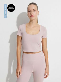 Koton - Crop Short Sleeve T-Shirt Sqaure Neck Basic Slim Fit
