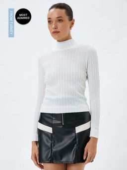 Koton - Long Sleeve T-Shirt High Neck Braid Patterned