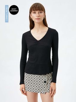 Koton - Long Sleeve V-Neck Draped Ribbed Viscose Top