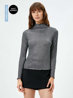 Koton - Long Sleeve Glitter High Collar Ruffles T-Shirt