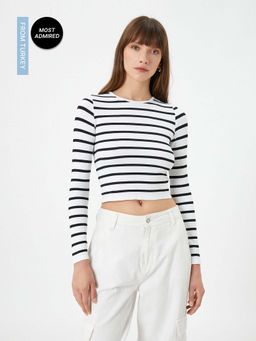 Koton - Crop Long Sleeve Crew Neck Slim Fit T-Shirt