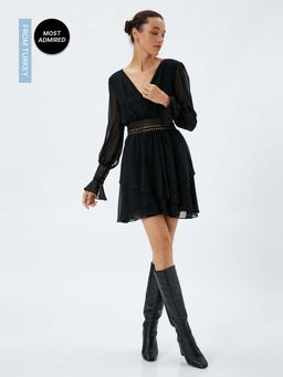 Koton - Double Mini Dress Lace Detailed Long Sleeve Loose Fit