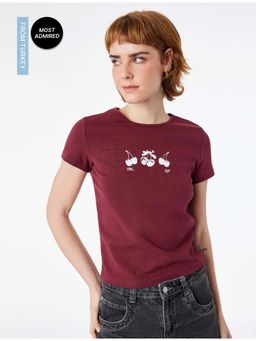 Koton - Womens Burgundy Cherry Printed T-Shirt