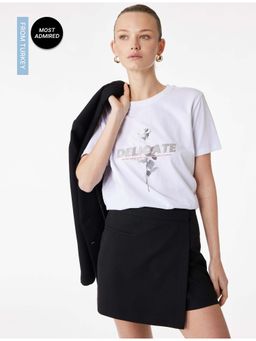 Koton - Womens White Printed Cotton T-Shirt
