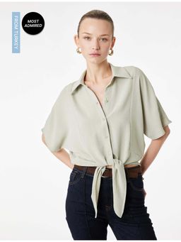Koton - Womens Green Tie Detail Crop Shirt
