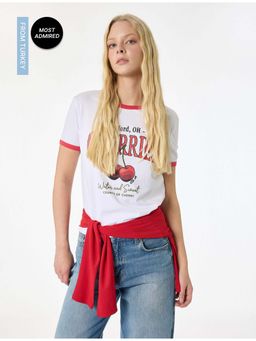 Koton - Womens White Printed Cotton T-Shirt