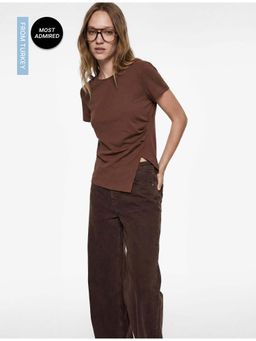 Koton - Womens Brown Slit Detail T-Shirt