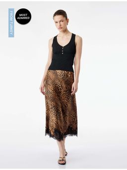 Koton - Womens Black Leopard Printed Satin Skirt