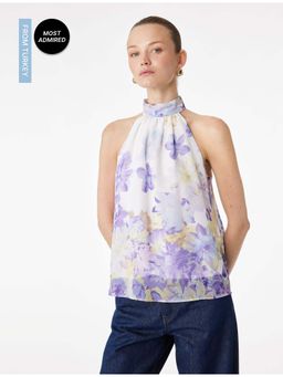 Koton - Womens Lavender Floral Halter Neck Chiffon Top