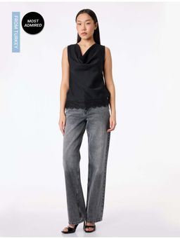 Koton - Womens Black Lace Detail Satin Top