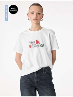 Koton - Womens White Strawberry Printed T-Shirt