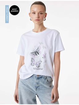 Koton - Womens White Butterfly Printed T Shirt